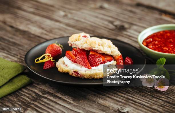 strawberry shortcake with devon cream - jordgubbskaka bildbanksfoton och bilder