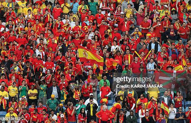 Spain fans cheer before the Group H first round 2010 World Cup football match Spain versus Switzerland on June 16, 2010 at Moses Mabhida stadium in...