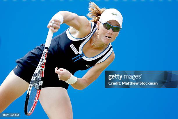 Samantha Stosur of Australia serves to Daniela Hantuchova of Slovakia during the AEGON International at Devonshire Park on June 16, 2010 in...