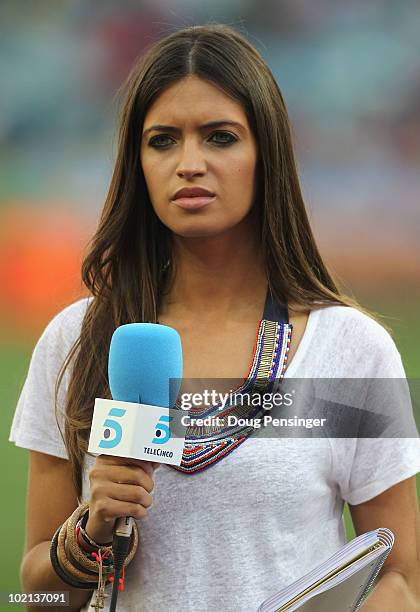 Presenter Sara Carbonero, girlfriend of Iker Casillas of Spain, attends the 2010 FIFA World Cup South Africa Group H match between Spain and...