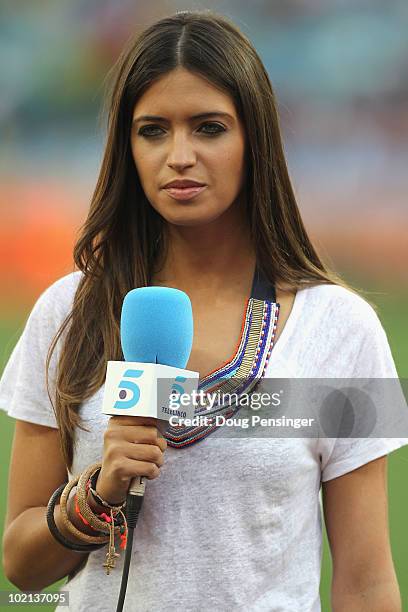 Presenter Sara Carbonero, girlfriend of Iker Casillas of Spain, attends the 2010 FIFA World Cup South Africa Group H match between Spain and...