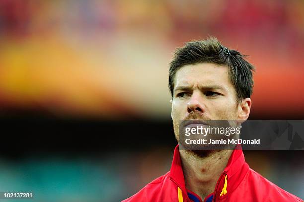 Xabi Alonso of Spain looks thoughtful ahead of the 2010 FIFA World Cup South Africa Group H match between Spain and Switzerland at Durban Stadium on...