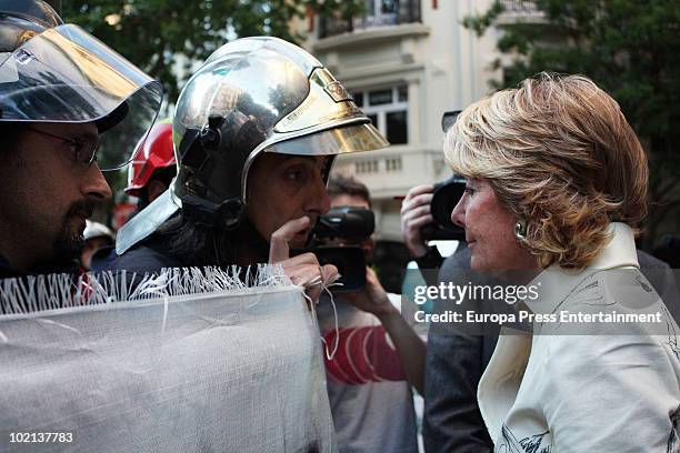 President of Madrid region, Esperanza Aguirre, was rebuked by firemen on June 15, 2010 in Madrid, Spain. The firemen report that she is trying to...