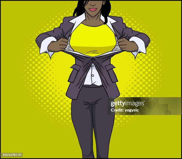 illustrations, cliparts, dessins animés et icônes de vector super-héros afro-américains femme transformation - forte poitrine