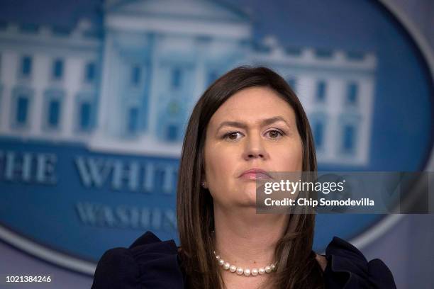 White House Press Secretary Sarah Huckabee Sanders conducts a news conference in the Brady Press Briefing Room at the White House August 22, 2018 in...