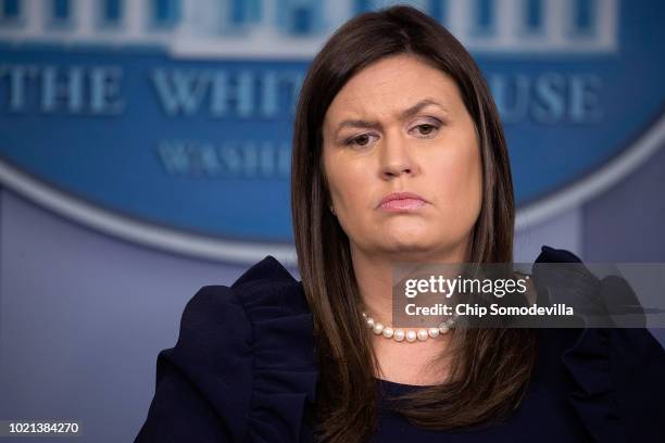 White House Press Secretary Sarah Huckabee Sanders conducts a news conference in the Brady Press Briefing Room at the White House August 22, 2018 in...