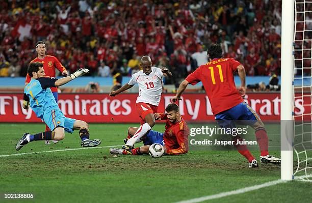 Gelson Fernandes of Switzerland scores the first goal during the 2010 FIFA World Cup South Africa Group H match between Spain and Switzerland at...