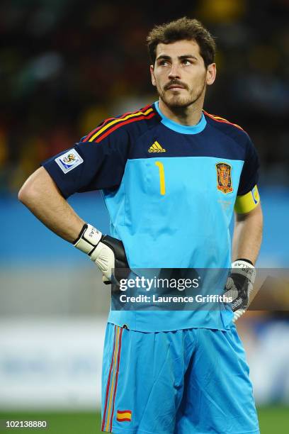 Iker Casillas of Spain looks dejected after Gelson Fernandes of Switzerland scored the first goal during the 2010 FIFA World Cup South Africa Group H...