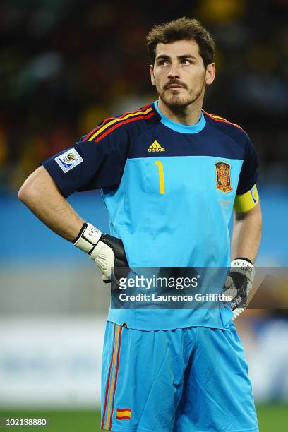 Iker Casillas of Spain looks dejected after Gelson Fernandes of Switzerland scored the first goal during the 2010 FIFA World Cup South Africa Group H...
