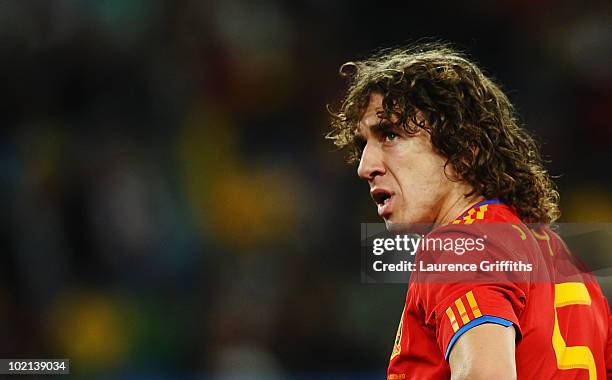 Carles Puyol of Spain looks thoughtful during the 2010 FIFA World Cup South Africa Group H match between Spain and Switzerland at Durban Stadium on...