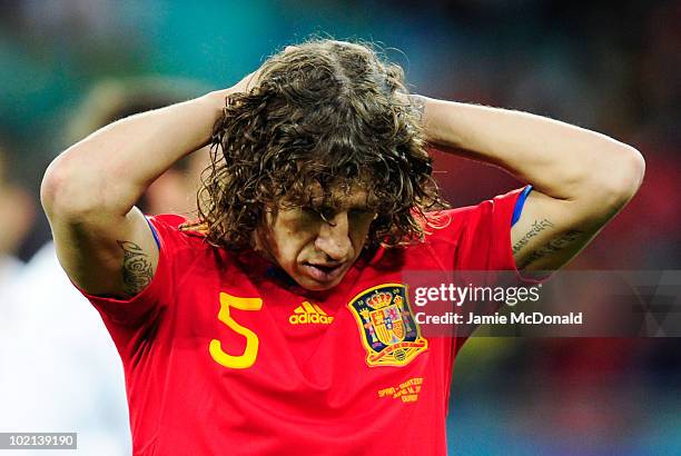 Carles Puyol of Spain reacts during the 2010 FIFA World Cup South Africa Group H match between Spain and Switzerland at Durban Stadium on June 16,...