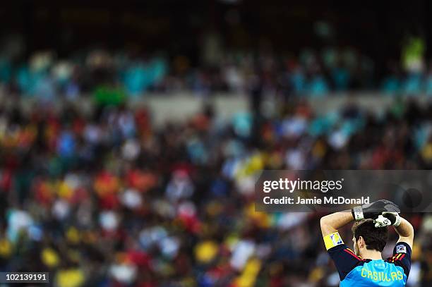 Iker Casillas of Spain looks dejected after Gelson Fernandes of Switzerland scored the first goal during the 2010 FIFA World Cup South Africa Group H...