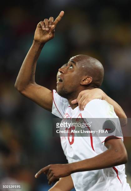 Gelson Fernandes of Switzerland celebrates scoring the first goal during the 2010 FIFA World Cup South Africa Group H match between Spain and...