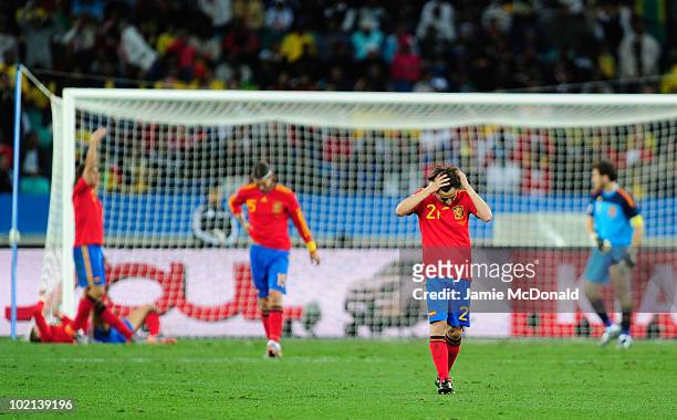 David Silva of Spain looks dejected after Gelson Fernandes of Switzerland scored the first goal during the 2010 FIFA World Cup South Africa Group H...