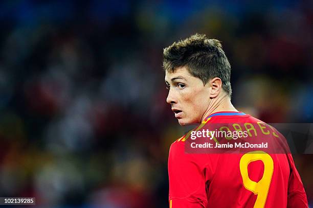 Fernando Torres of Spain looks thoughtful during the 2010 FIFA World Cup South Africa Group H match between Spain and Switzerland at Durban Stadium...