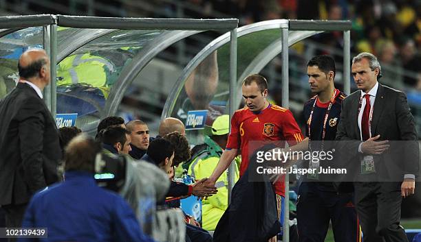 Andres Iniesta of Spain is substituted during the 2010 FIFA World Cup South Africa Group H match between Spain and Switzerland at Durban Stadium on...
