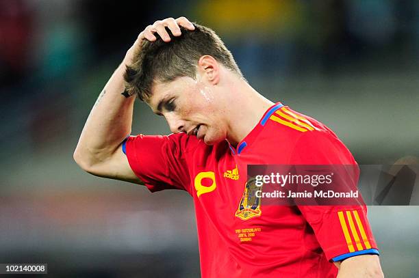 Fernando Torres of Spain looks dejected during the 2010 FIFA World Cup South Africa Group H match between Spain and Switzerland at Durban Stadium on...