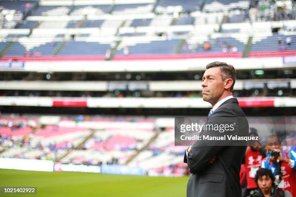 Pedro Caixinha, coach of Cruz Azul looks on during the fifth round match between Cruz Azul and Leon as part of the Torneo Apertura 2018 Liga MX at...
