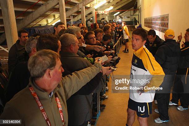 Harry Kewell of Australia talks to the media during an Australian Socceroos training session at Ruimsig Stadium on June 16, 2010 in Roodepoort, South...