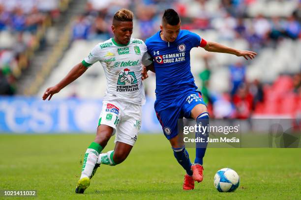 Pedro Aquino of Leon fights for the ball with Roberto Alvarado of Cruz Azul during the fifth round match between Cruz Azul and Leon as part of the...