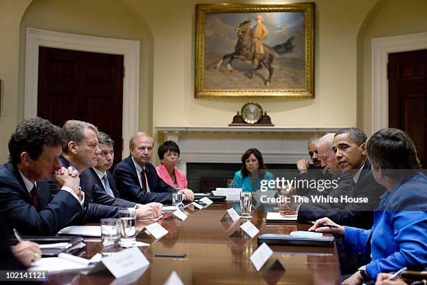 President Barack Obama meets with BP CEO Tony Hayward, BP Chairman Carl-Henric Svanberg, BP General Counsel Rupert Bondy, BP Managing Director Robert...