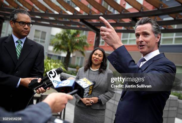 California Lt. Gov. And California gubernatorial candidate Gavin Newsom and San Francisco mayor London Breed talk with members of the media as he...