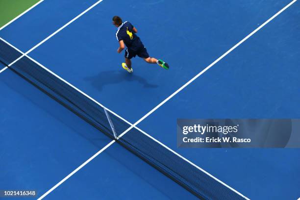 Aerial view of ball boy retrieving ball at net during 4th Round match at BJK National Tennis Center. Flushing, NY 9/1/2014 CREDIT: Erick W. Rasco