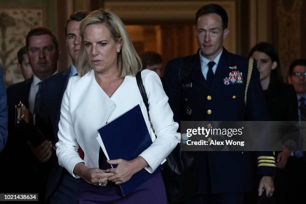 Homeland Security Secretary Kirstjen Nielsen arrives at the U.S. Capitol for a closed briefing August 22, 2018 in Washington, DC. Senators attended a...