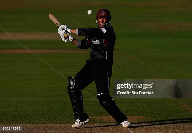 Somerset captain Marcus Trescothick hits a ball to the boundary during the Friends Provident T20 match between Somerset and Essex at the County...