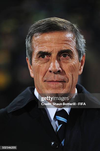 Oscar Tabarez head coach of Uruguay looks on prior to the 2010 FIFA World Cup South Africa Group A match between South Africa and Uruguay at Loftus...