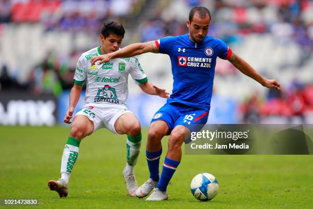 Hector Mascorro of Leon fights for the ball with Adrian Aldrete of Cruz Azul during the fifth round match between Cruz Azul and Leon as part of the...