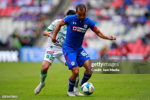 Hector Mascorro of Leon fights for the ball with Adrian Aldrete of Cruz Azul during the fifth round match between Cruz Azul and Leon as part of the...