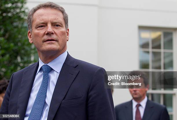 Carl-Henric Svanberg, chairman of BP Plc, speaks at the White House with Tony Hayward, chief executive officer of BP Plc, right, in Washington, D.C.,...