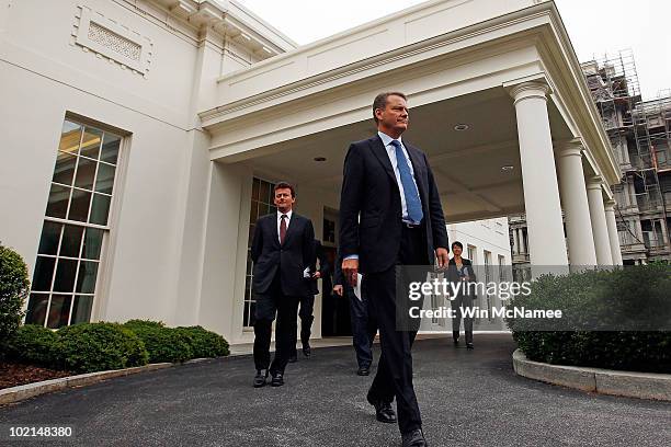 Chairman Carl-Henric Svanberg and BP Chief Executive Tony Hayward leave the White House following a meeting with U.S. President Barack Obama June 16,...