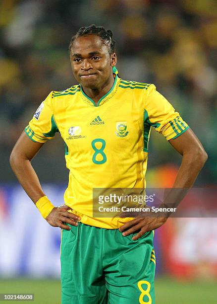 Siphiwe Tshabalala of South Africa looks on dejected as goalkeeper Itumeleng Khune is sent off during the 2010 FIFA World Cup South Africa Group A...