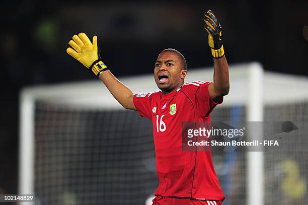 Itumeleng Khune of South Africa is stunned after being sent off during the 2010 FIFA World Cup South Africa Group A match between South Africa and...
