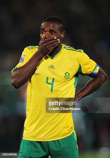 Aaron Mokoena of South Africa reacts during the 2010 FIFA World Cup South Africa Group A match between South Africa and Uruguay at Loftus Versfeld...