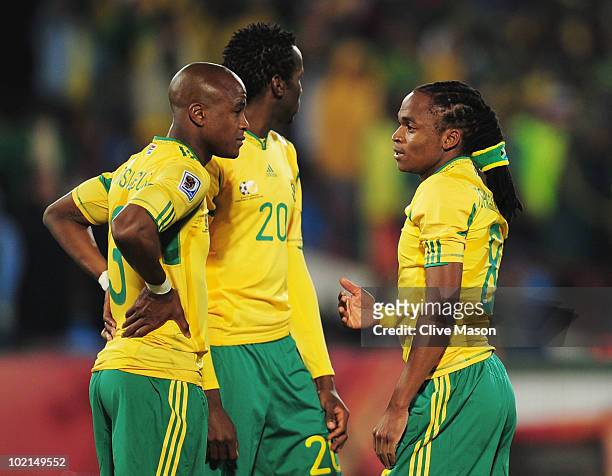 Tsepo Masilela, Bongani Khumalo and Siphiwe Tshabalala of South Africa are dejected after defeat in the 2010 FIFA World Cup South Africa Group A...