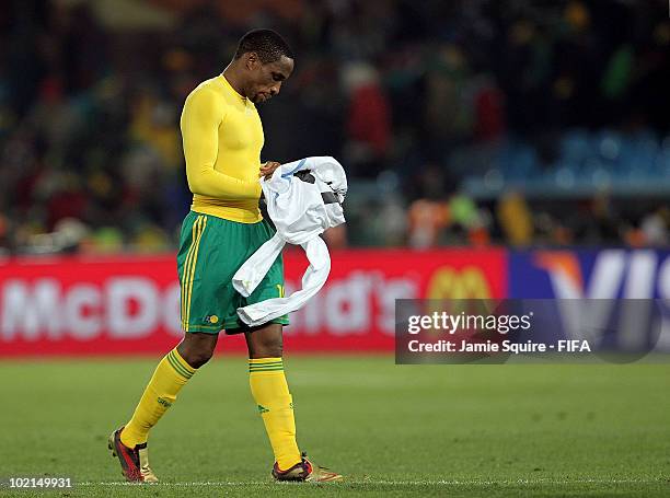 Surprise Moriri of South Africa looks dejected as he walks off the pitch after their defeat in the 2010 FIFA World Cup South Africa Group A match...