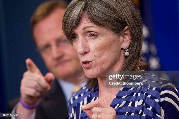 Carol Browner, the White House adviser on energy and climate change, speaks to the media in the briefing room of the White House with Robert Gibbs,...