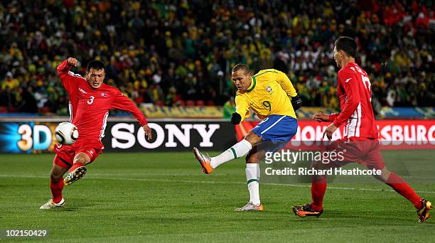 Luis Fabiano of Brazil shoots during the 2010 FIFA World Cup South Africa Group G match between Brazil and North Korea at Ellis Park Stadium on June...