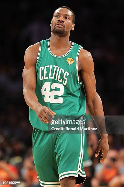 Tony Allen of the Boston Celtics reacts in the second half while taking on the Los Angeles Lakers in Game Six of the 2010 NBA Finals at Staples...
