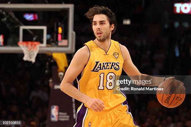 Sasha Vujacic of the Los Angeles Lakers moves the ball while taking on the Boston Celtics in Game Six of the 2010 NBA Finals at Staples Center on...