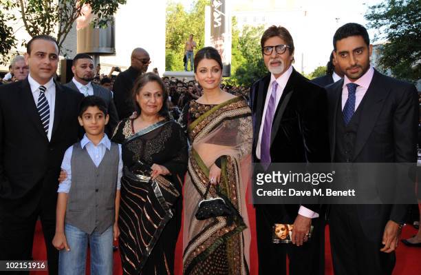 Jaya Bachchan, Aishwarya Rai Bachchan, Amitabh Bachchan and Abhishek Bachchan attend the World film premiere of 'Raavan', at the BFI Southbank on...