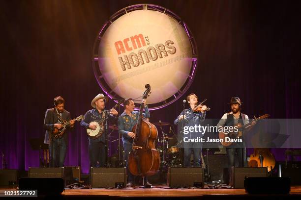 Critter Fuqua, Ketch Secor, Morgan Jahnig, Joe Andrews and Cory Younts of Old Crow Medicine Show perform onstage during the 12th Annual ACM Honors at...