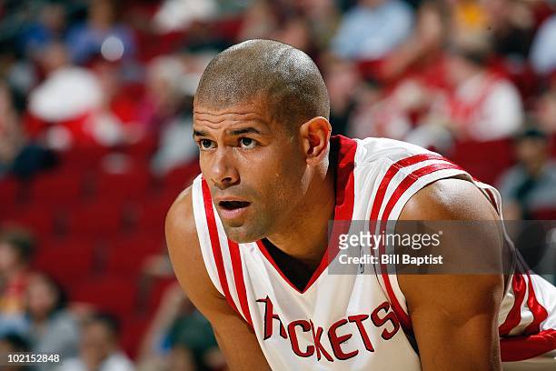 Shane Battier of the Houston Rockets looks on during the game against the New Jersey Nets on March 13, 2010 at the Toyota Center in Houston, Texas....