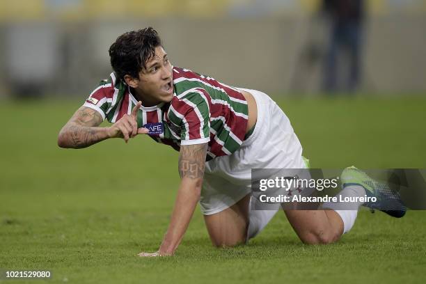 Pedro of Fluminense reacts during the match between Fluminense and Corinthians as part of Brasileirao Series A 2018 at Maracana Stadium on August 22,...