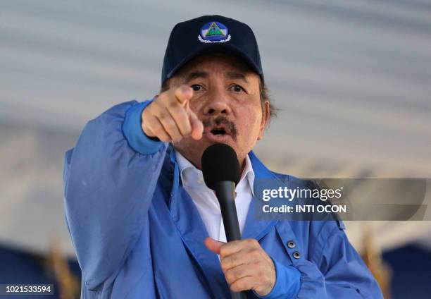 Nicaraguan President Daniel Ortega, speaks to supporters during a rally marking the 40th Anniversary of the National Palace's takeover by the...