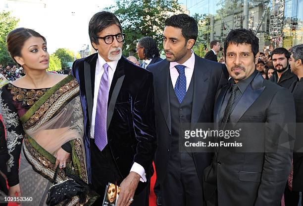 Jaya Bachchan, Aishwarya Rai and Abhishek Bachchan and Amitabh Bachchan arrives at the London premiere of "Raavan" at BFI Southbank on June 16, 2010...