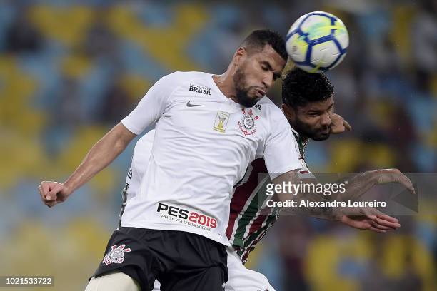 Gum of Fluminense struggles for the ball with Jonathas of Corinthians during the match between Fluminense and Corinthians as part of Brasileirao...